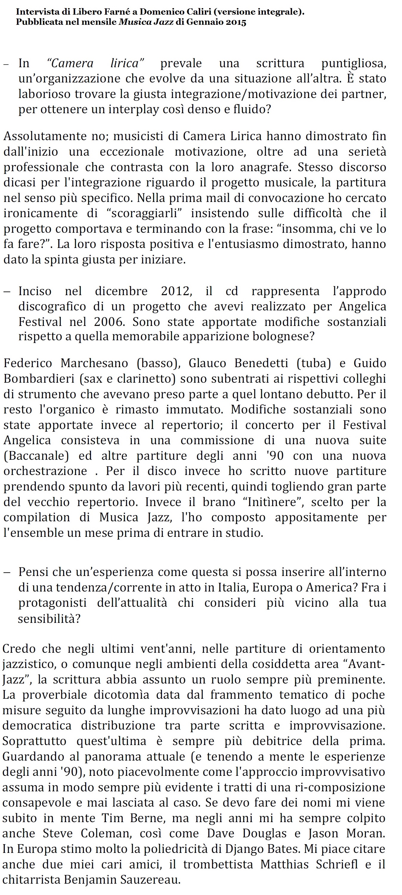 Intervista - Musica Jazz - Gennaio 2015