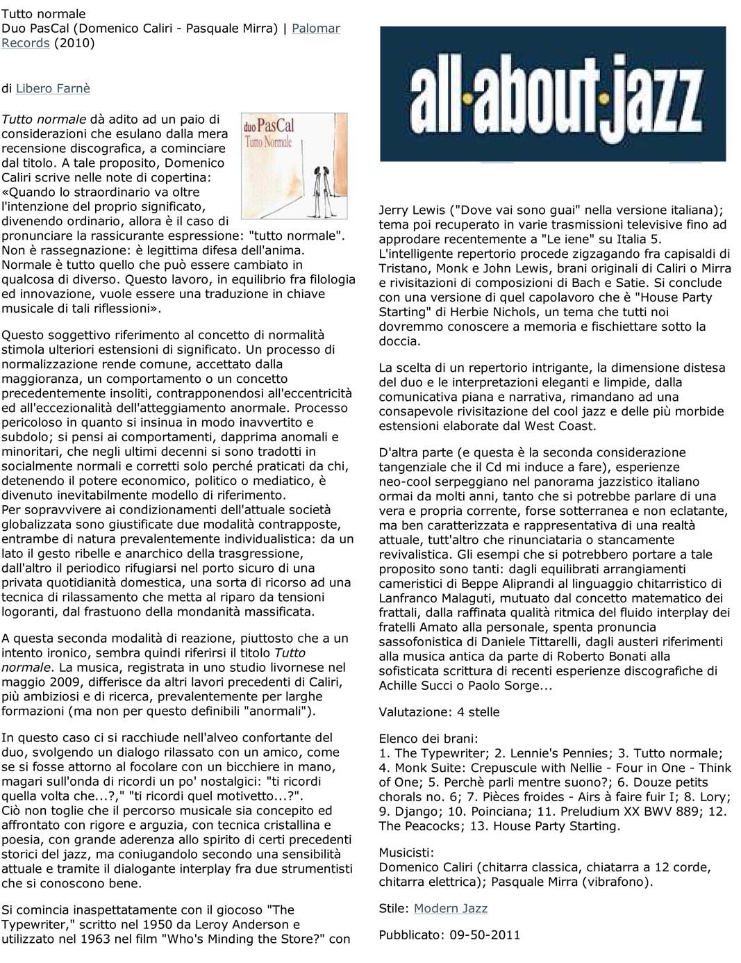 Recensione duo Pascal - AllaboutJazz - Maggio 2011